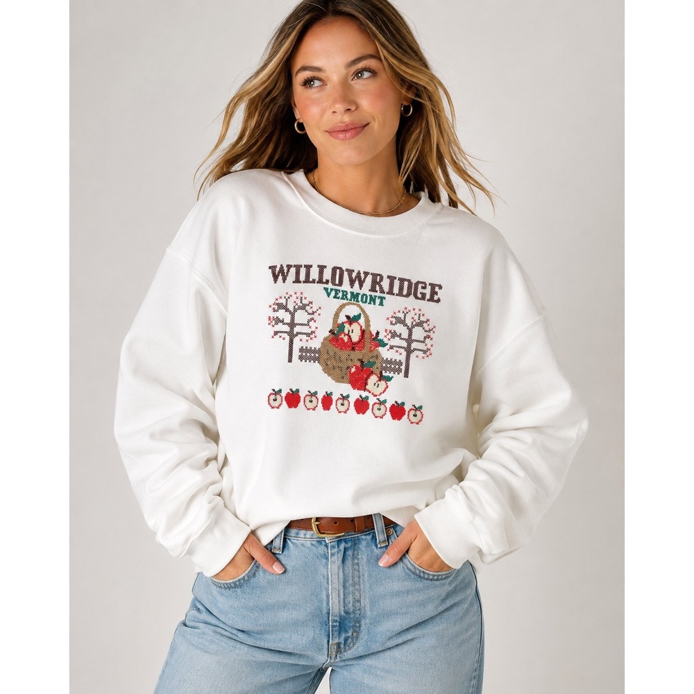Altar'd State Willowridge Vermont Apple Cross Stitch Sweatshirt White M/L NEW